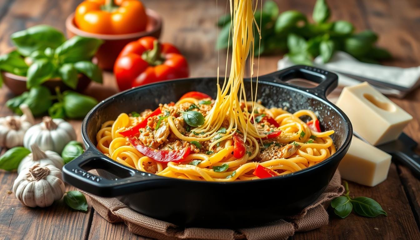 one-skillet cheesy ground chicken pasta recipe