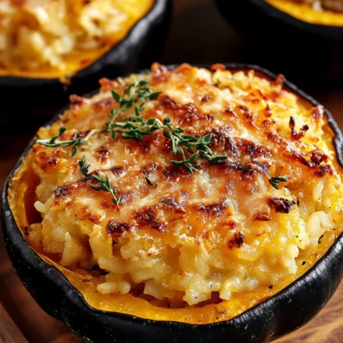 Delicious cheesy rice-stuffed acorn squash, perfect for a healthy meal.