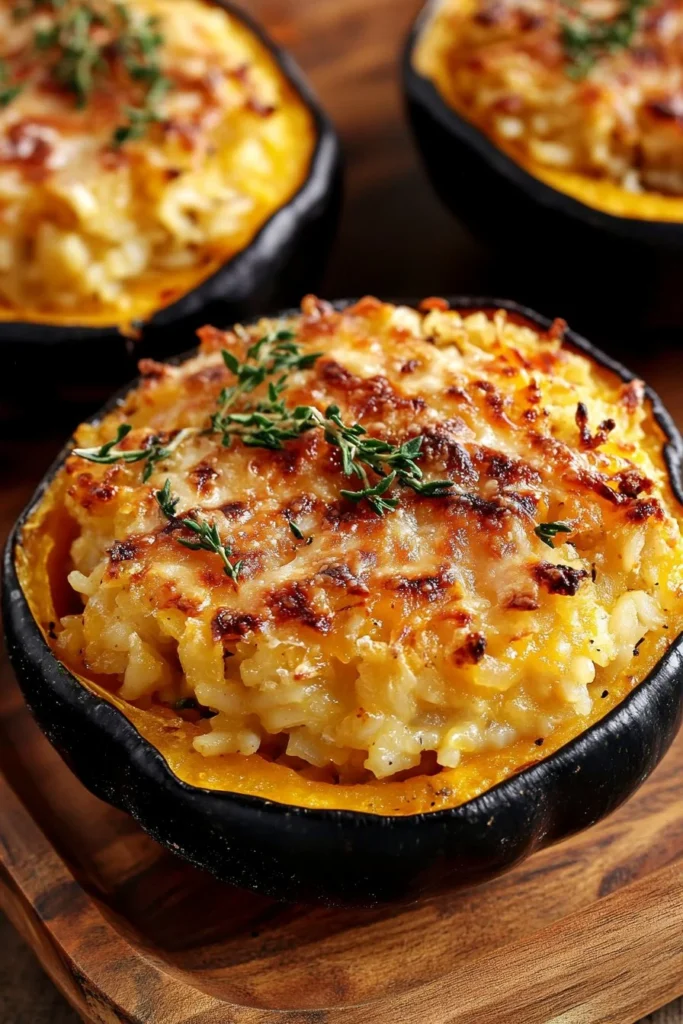 Delicious cheesy rice-stuffed acorn squash, perfect for a healthy meal.