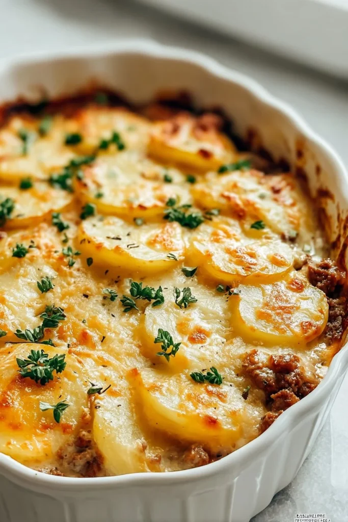 Delicious Hobo Casserole with Ground Beef and Potatoes ready to serve