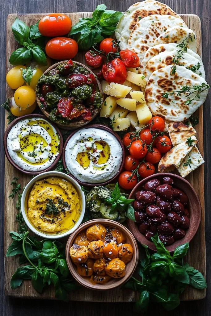 Mediterranean brunch board with fresh fruits, cheeses, and olives.