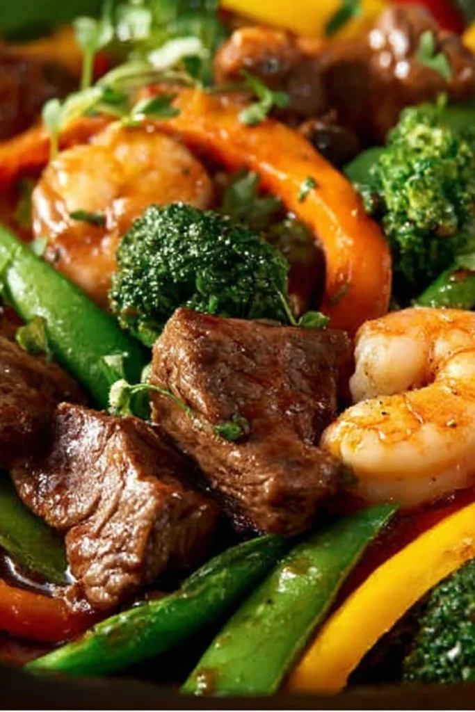 STEAK AND SHRIMP STIR FRYsteak and shrimp stir fry served in a colorful bowl