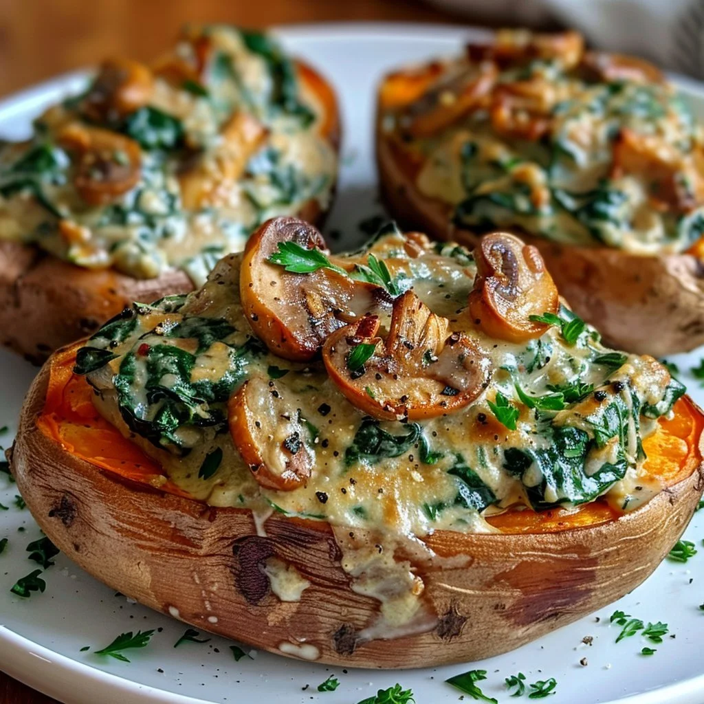 Mushroom Spinach Stuffed Sweet Potatoes