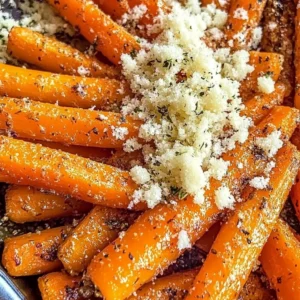 Crispy Parmesan roasted carrots garnished with herbs on a white plate