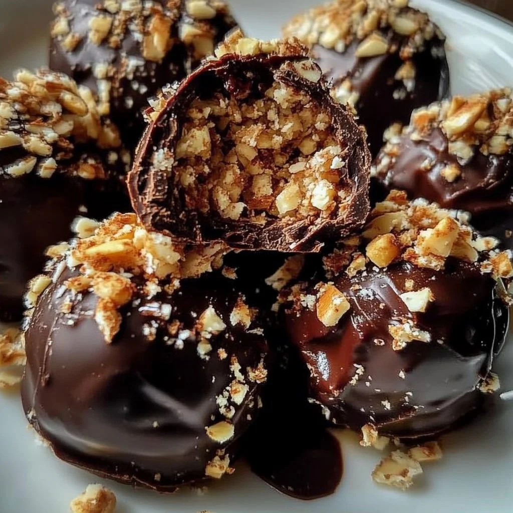 Delicious homemade Ferrero Rocher chocolates on a decorative plate.