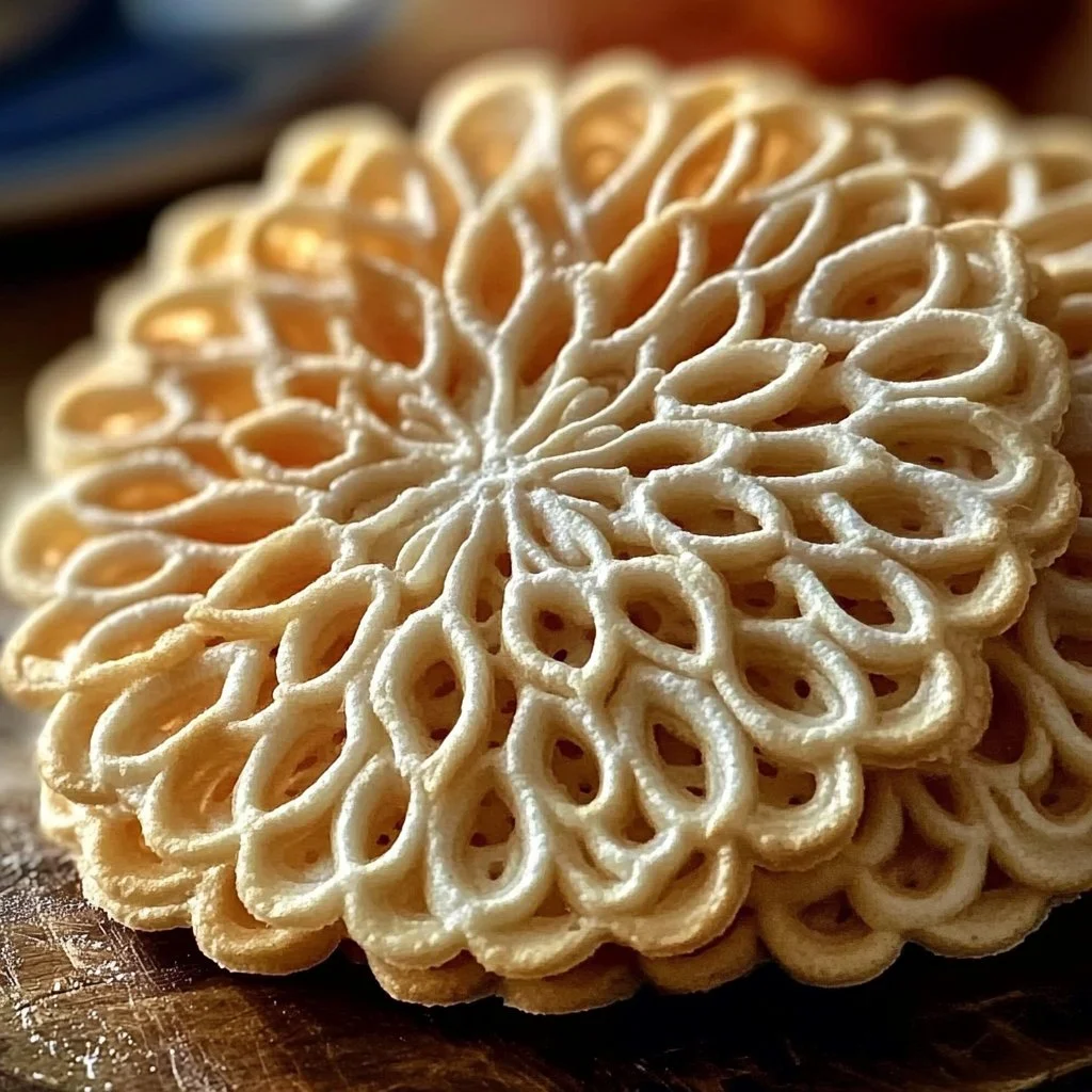 Anise Pizzelle cookies arranged on a plate, showcasing their unique design.