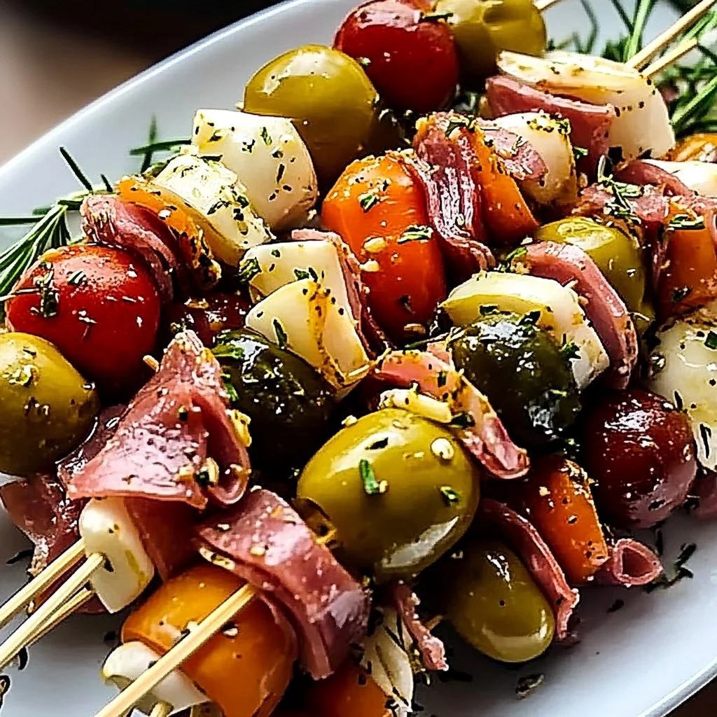 Colorful antipasto skewers featuring olives, cheeses, meats, and vegetables.