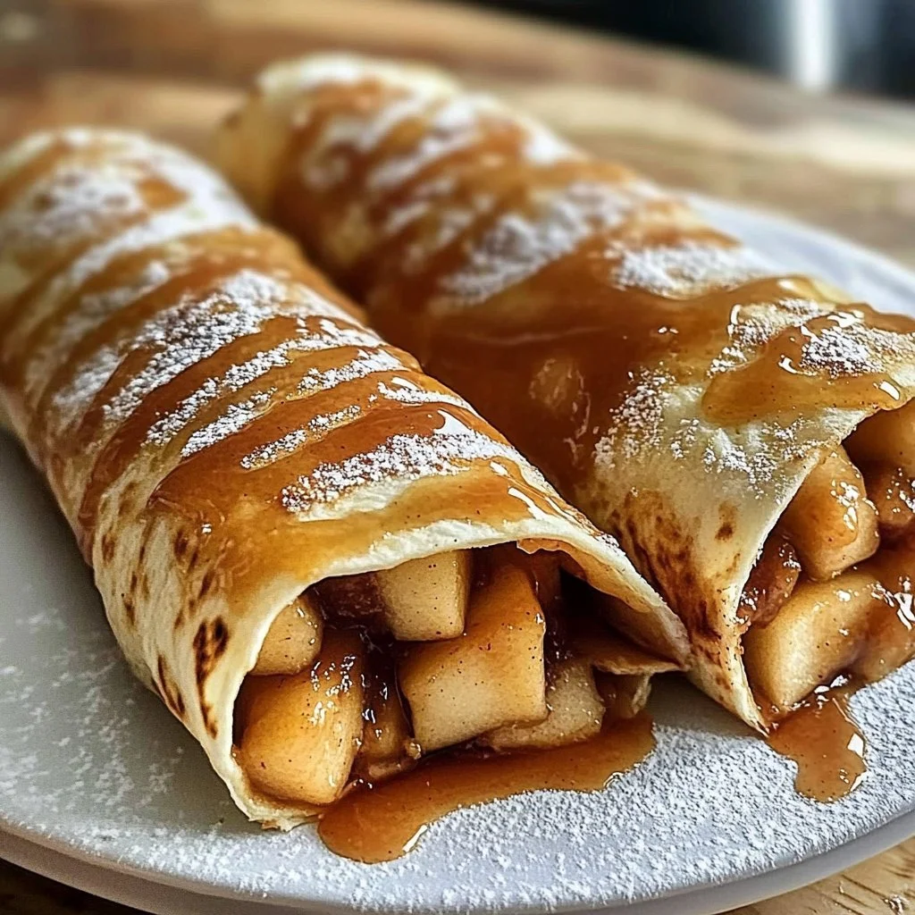 Apple pie tortilla wraps drizzled with brown sugar butter ready to be served.