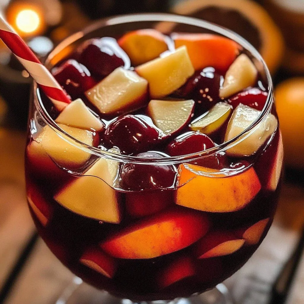 A glass of vibrant holiday winter sangria with fruits and spices.