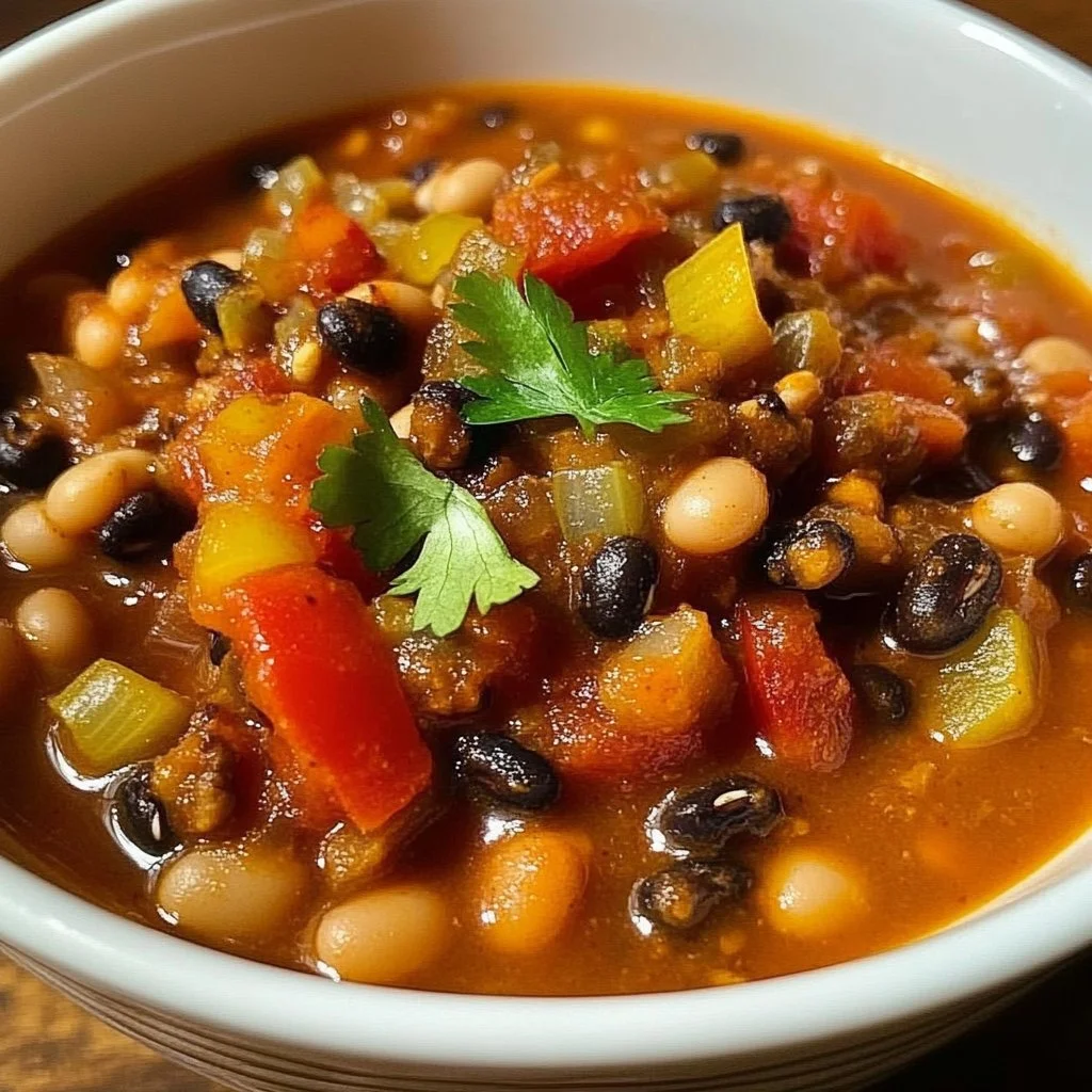 Bowl of delicious Black Eyed Pea Chili topped with herbs and spices.