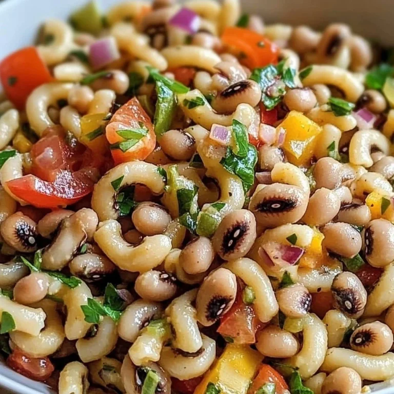 Delicious black eyed pea pasta salad with fresh vegetables and dressing.