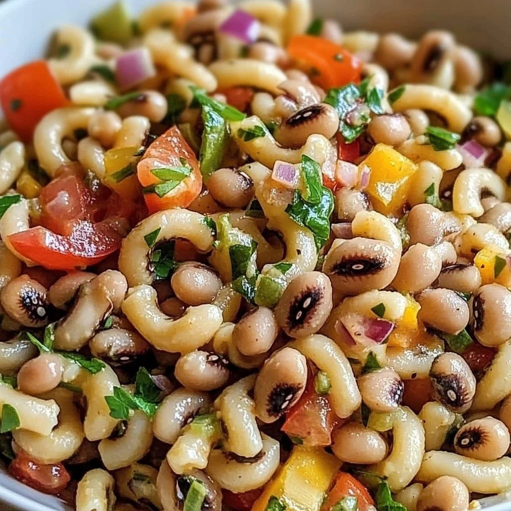 Delicious black eyed pea pasta salad with fresh vegetables and dressing.