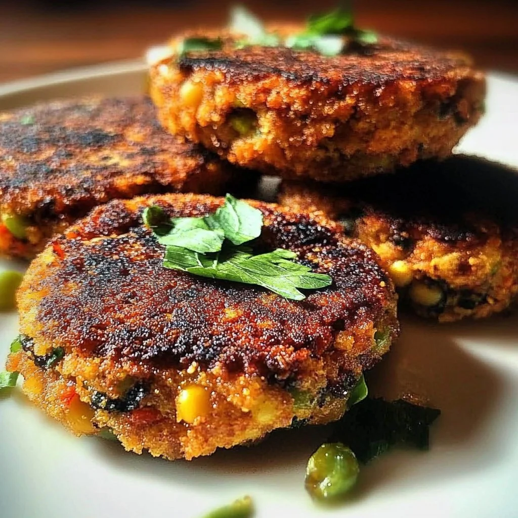 Homemade black eyed pea patties on a plate garnished with fresh herbs