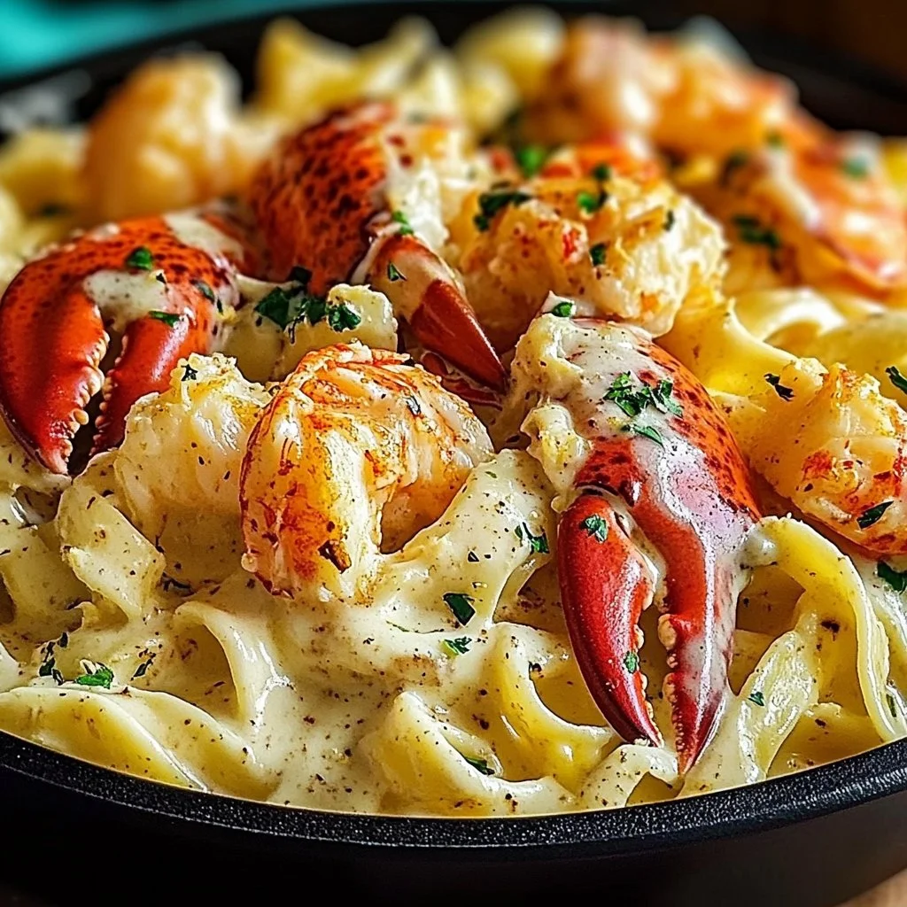 Delicious Cajun Seafood Alfredo with lobster and crab served in a creamy sauce.