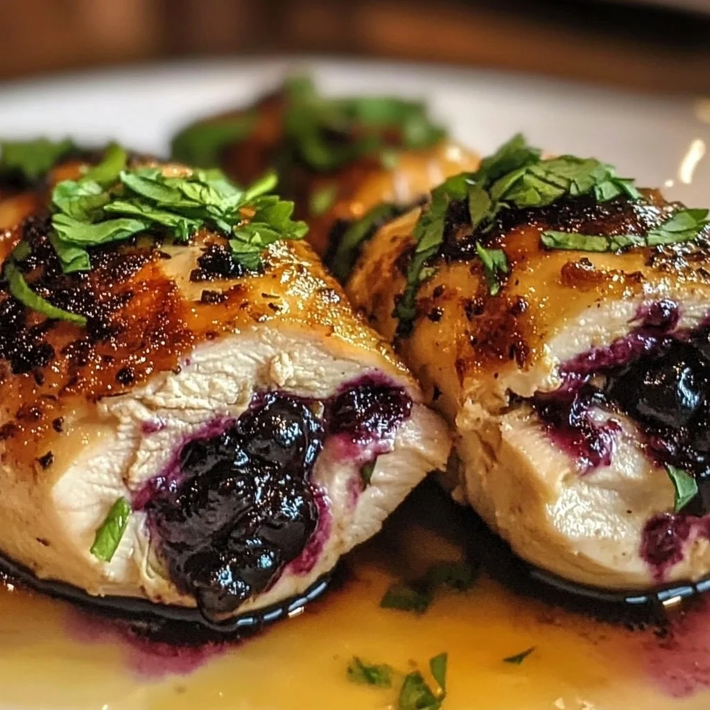 Melty blackberry jalapeño stuffed chicken dish ready to serve