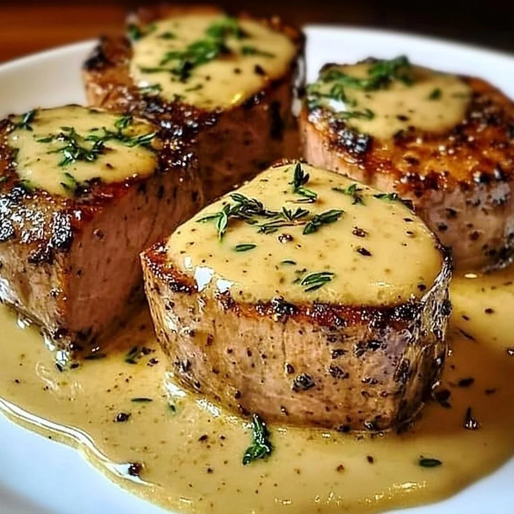 Pork tenderloin with Dijon mustard cream sauce served on a plate
