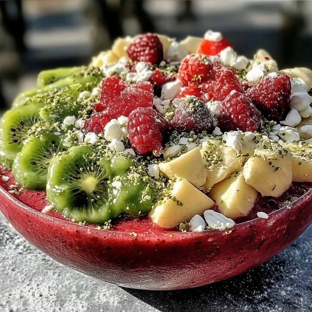 Fresh red and green Christmas smoothie bowl topped with fruits and nuts