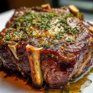 Garlic Herb Rib Roast with spices and herbs, beautifully presented for a festive meal.