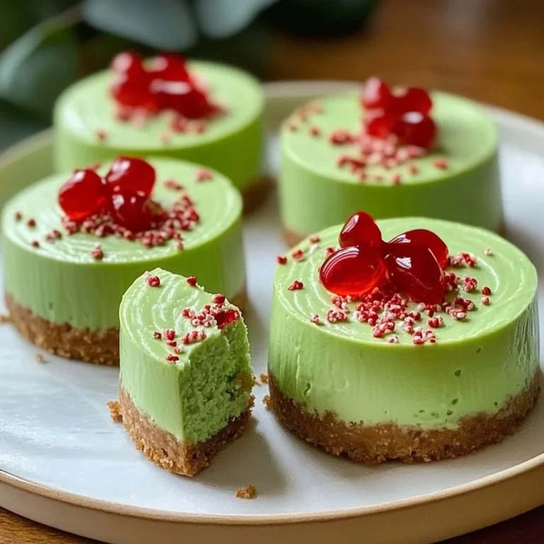 Festive Grinch Mini Cheesecakes on a holiday dessert table