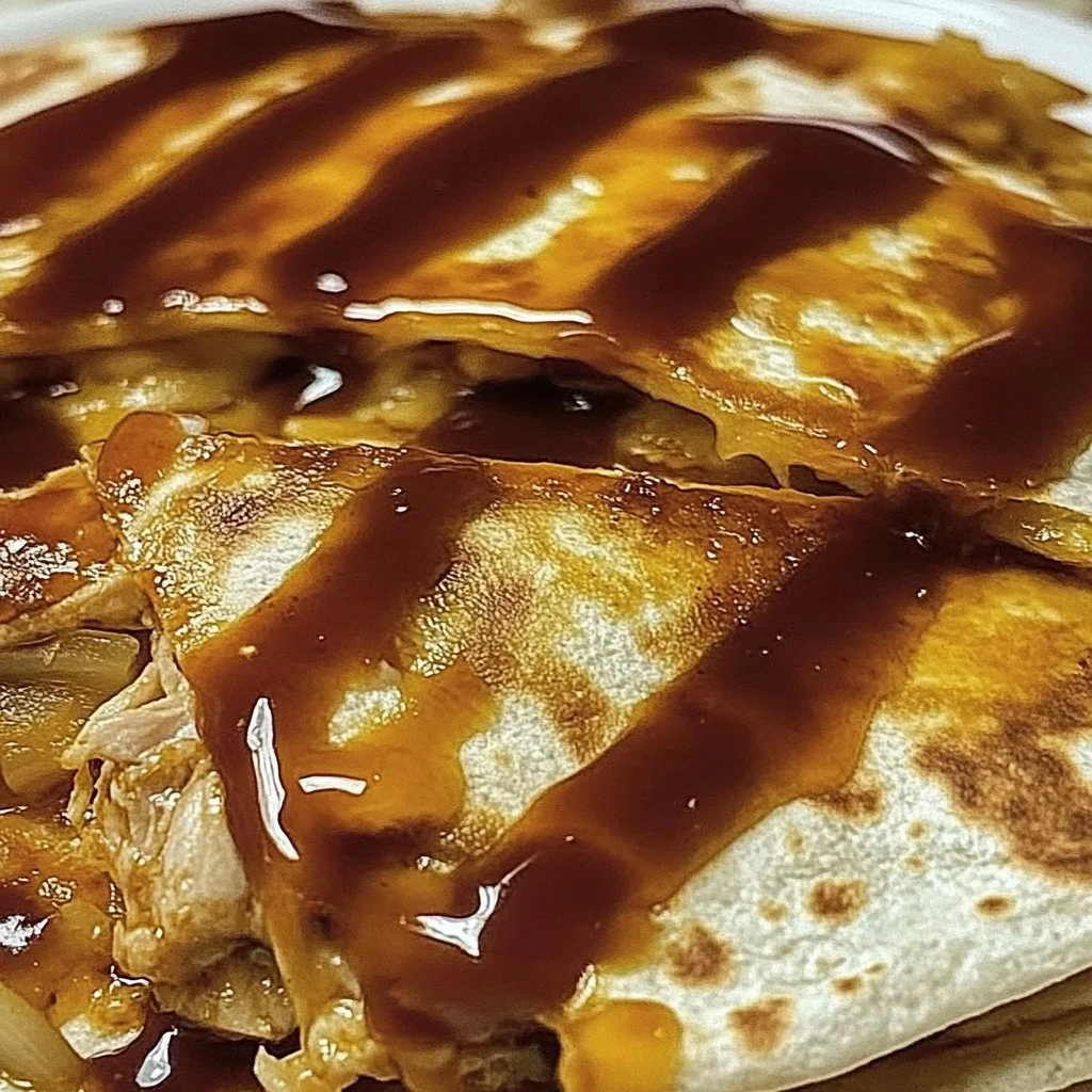 Hot Honey BBQ Chicken Quesadillas served with dipping sauce and garnished with herbs