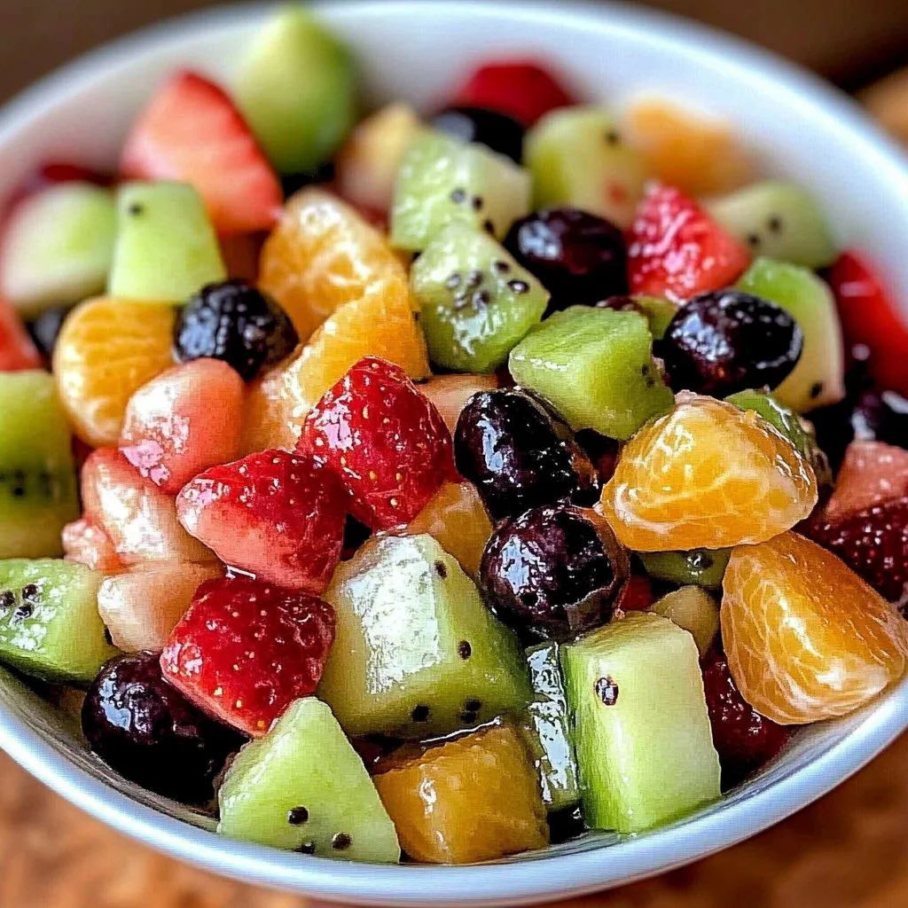 Irresistible red and green fruit salad with honey orange dressing served in a bowl