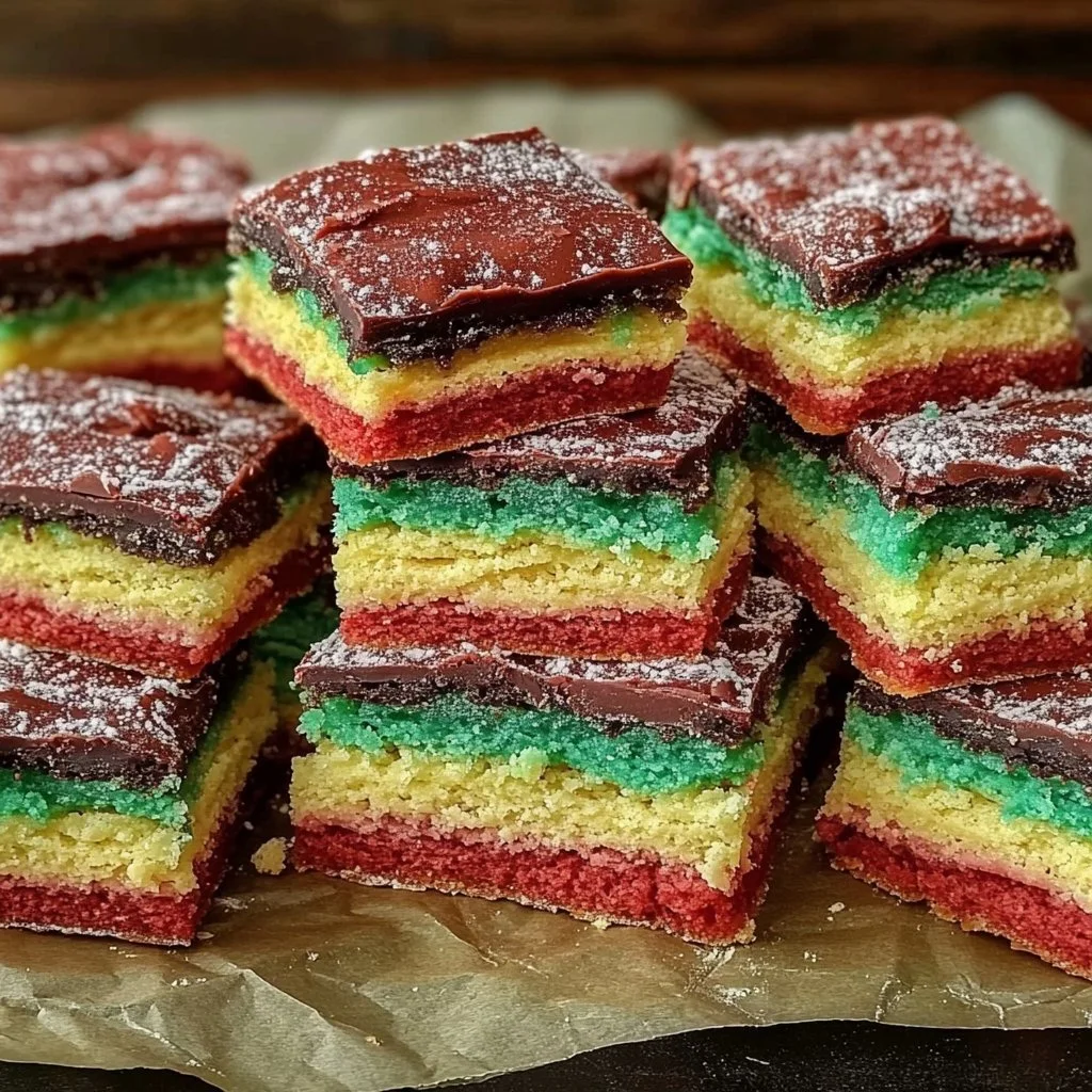 Homemade Italian rainbow cookies with tricolor almond layers.