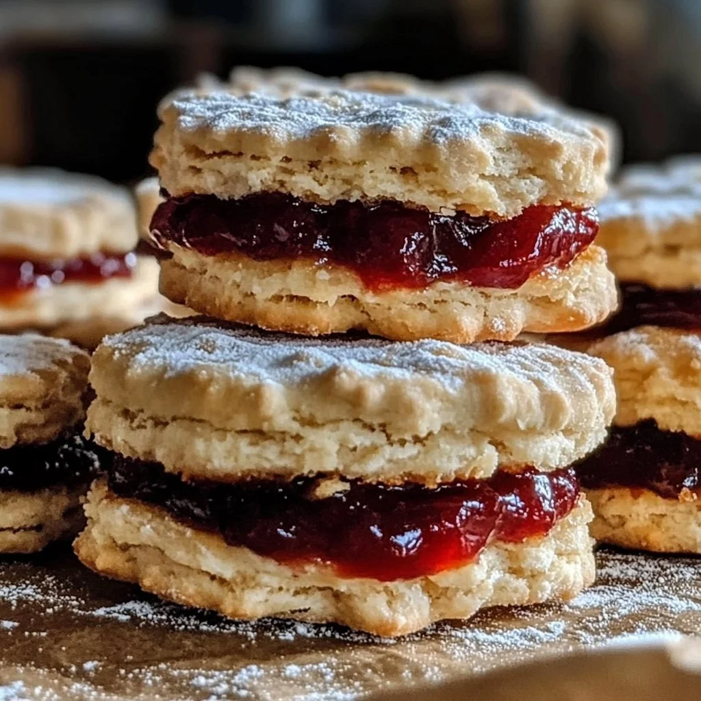 Jam filled sandwich cookies on a plate, perfect for homemade baking.