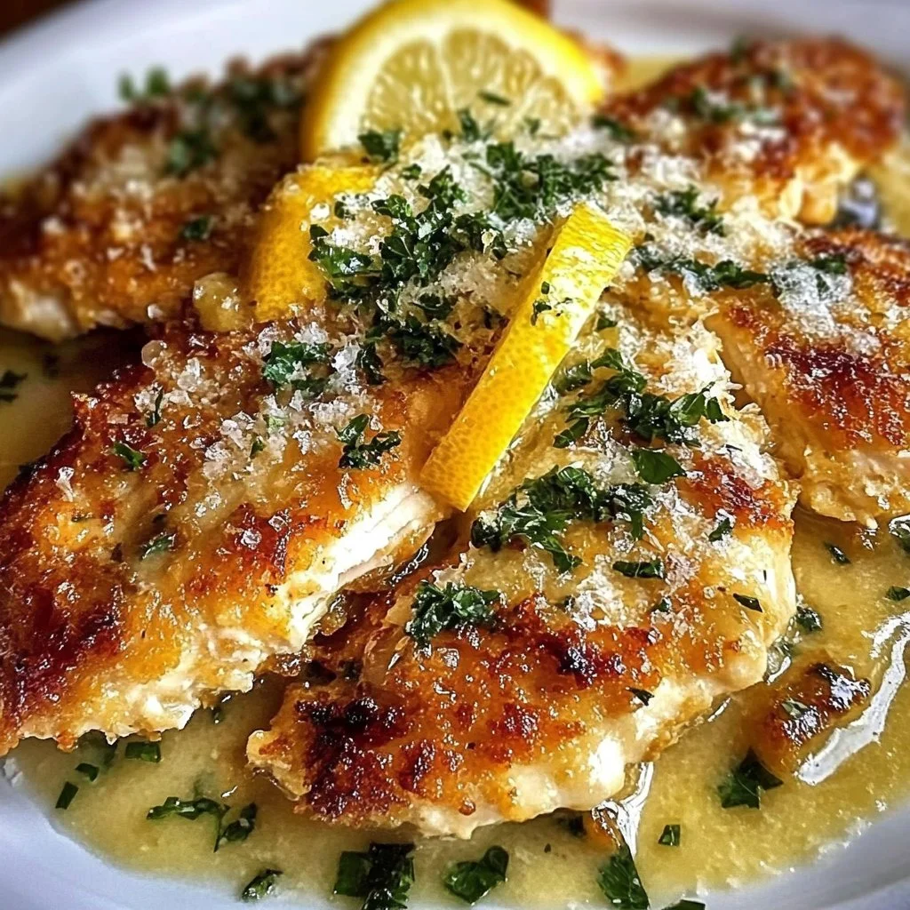Plate of Lemon Chicken Romano with fresh herbs and lemon slices