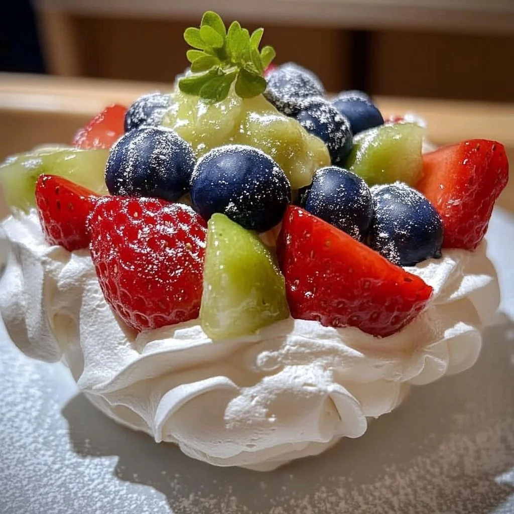 Plated mini pavlovas topped with whipped cream and fresh fruits