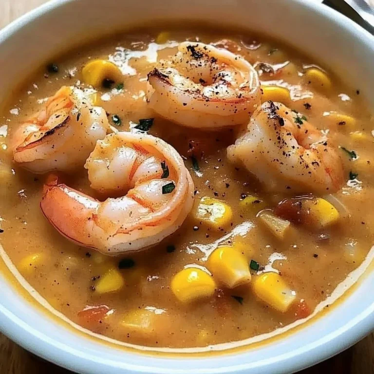 Delicious New Orleans shrimp bisque with corn in a bowl, garnished with herbs.