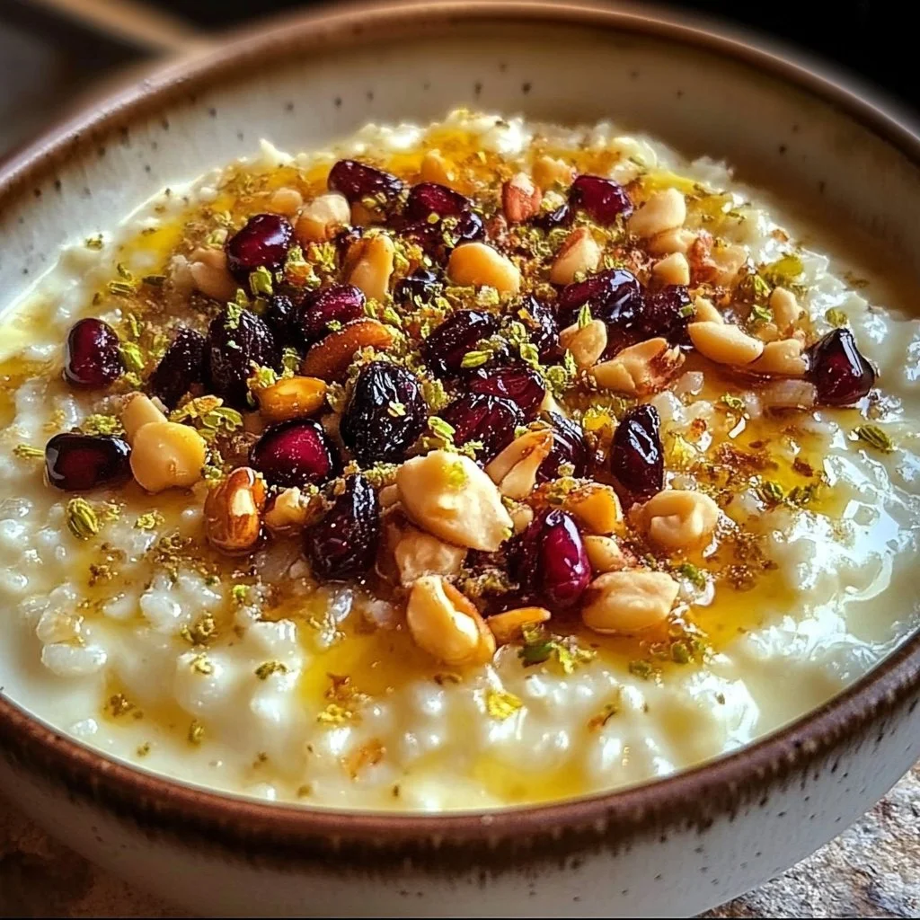 Delicious bowl of Persian rice pudding garnished with nuts and cinnamon