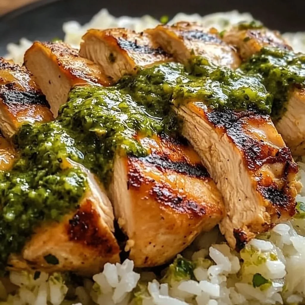 Peruvian chicken with green sauce and cilantro rice on a plate