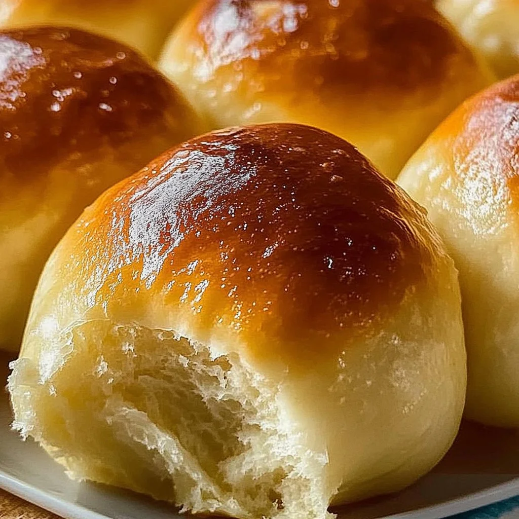 Freshly baked jumbo dinner rolls on a wooden table
