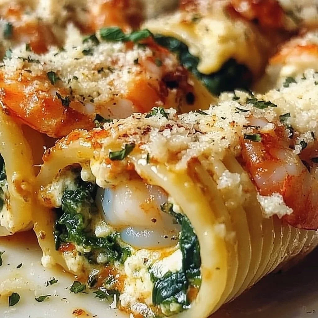 Delicious shrimp spinach stuffed pasta rolls served on a plate
