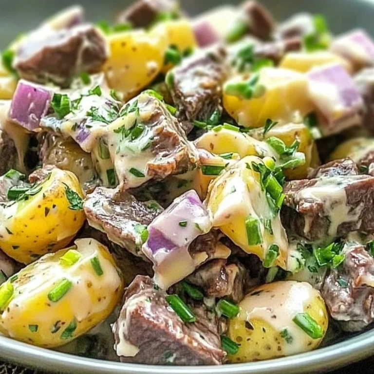 Creamy steakhouse potato salad topped with fresh herbs