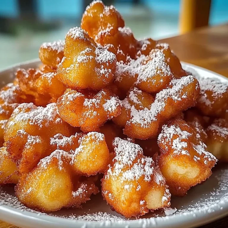 Plate of crispy air fryer funnel cake bites dusted with powdered sugar