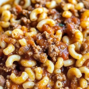 A delicious serving of American Goulash with pasta and ground beef in a rich tomato sauce.