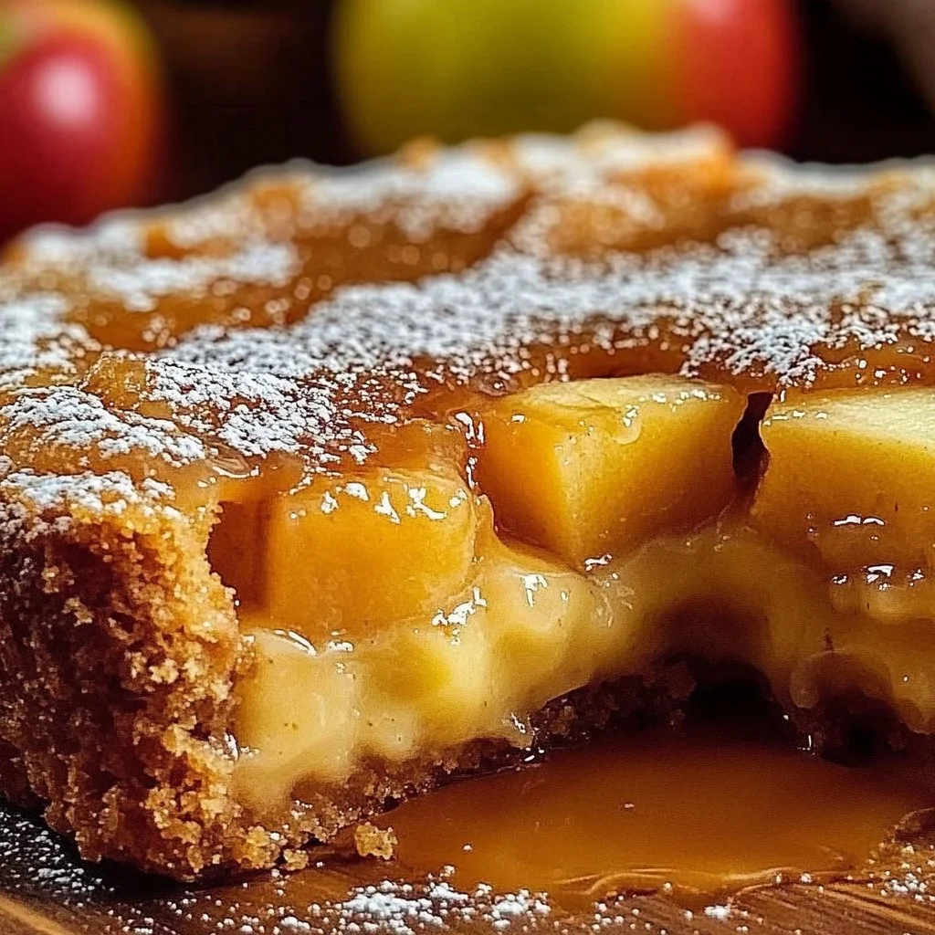 Delicious slice of homemade Apple Gooey Butter Cake with caramel drizzle