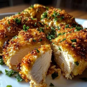 Baked Caesar Chicken garnished with romaine lettuce and Parmesan cheese