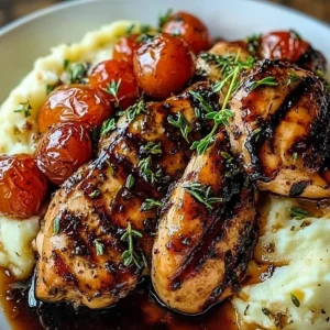 Balsamic grilled chicken served with herbed mashed potatoes on a plate.