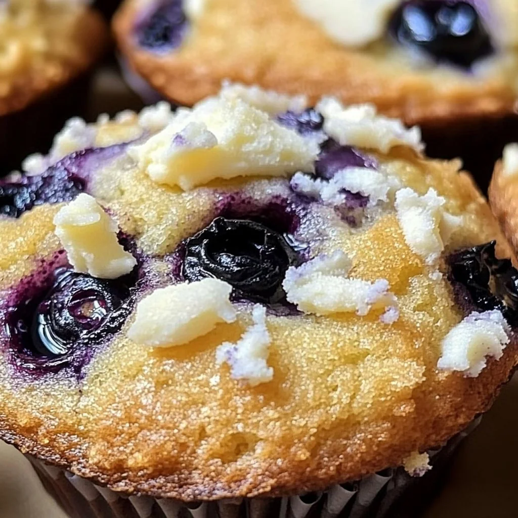 Freshly baked blueberry cream cheese muffins on a wooden table
