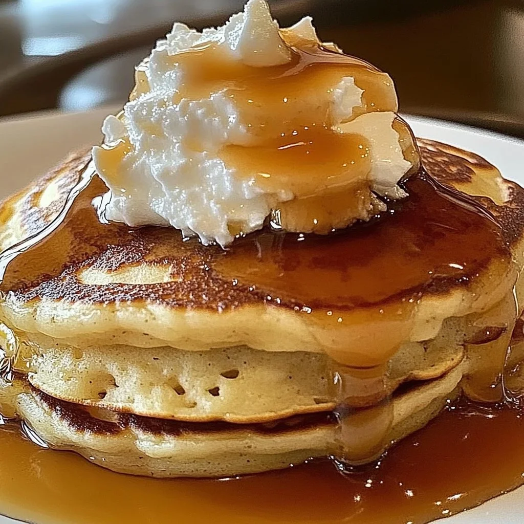 Fluffy butterbeer pancakes topped with whipped cream and caramel drizzle