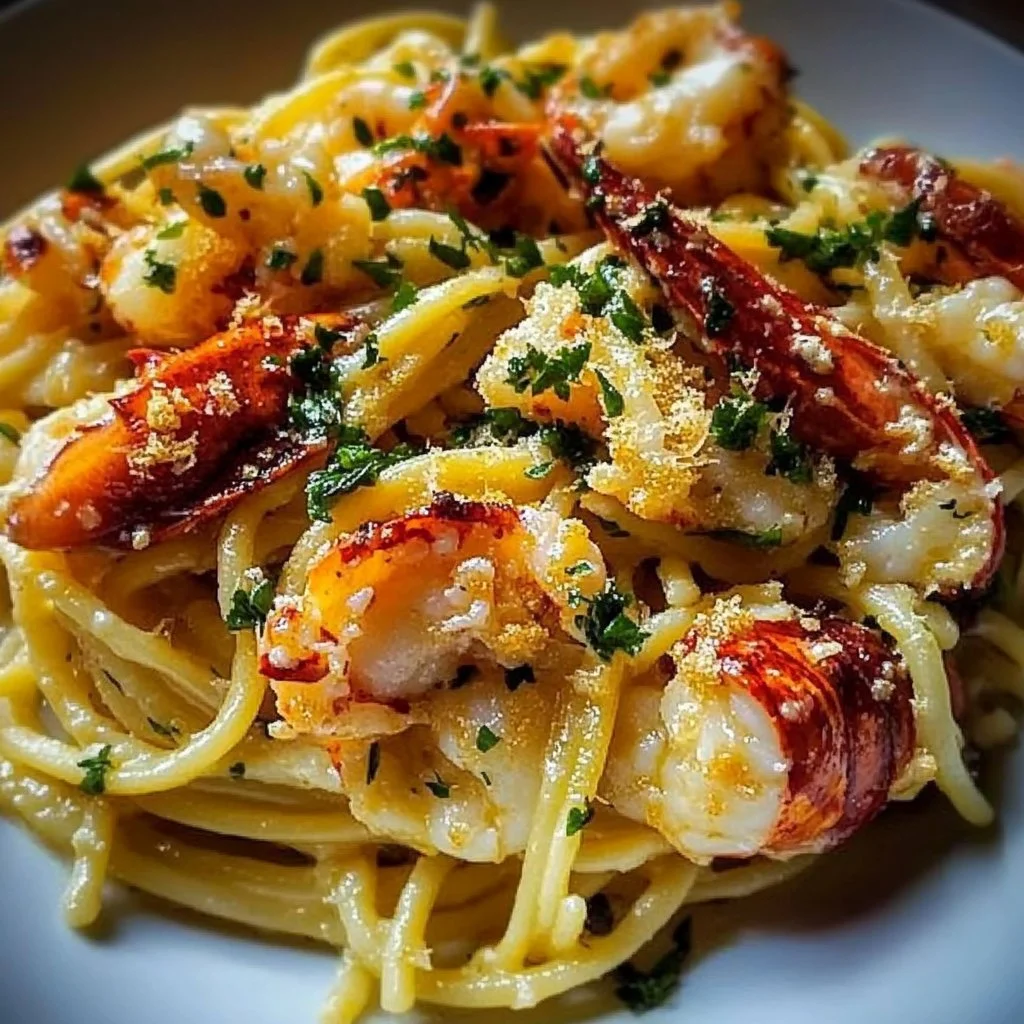 Plate of buttered lobster pasta garnished with herbs