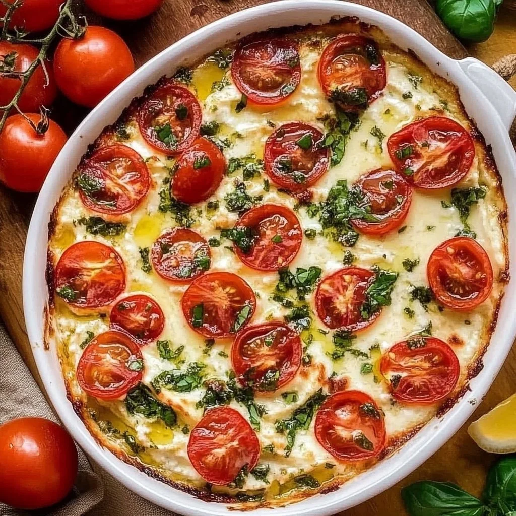 Delicious Caprese Dip with fresh basil, mozzarella, and tomatoes - perfect appetizer
