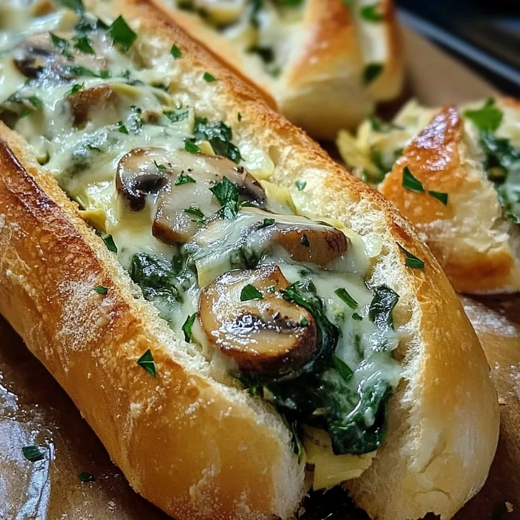 Cheesy spinach artichoke and mushroom stuffed baguette on a wooden board