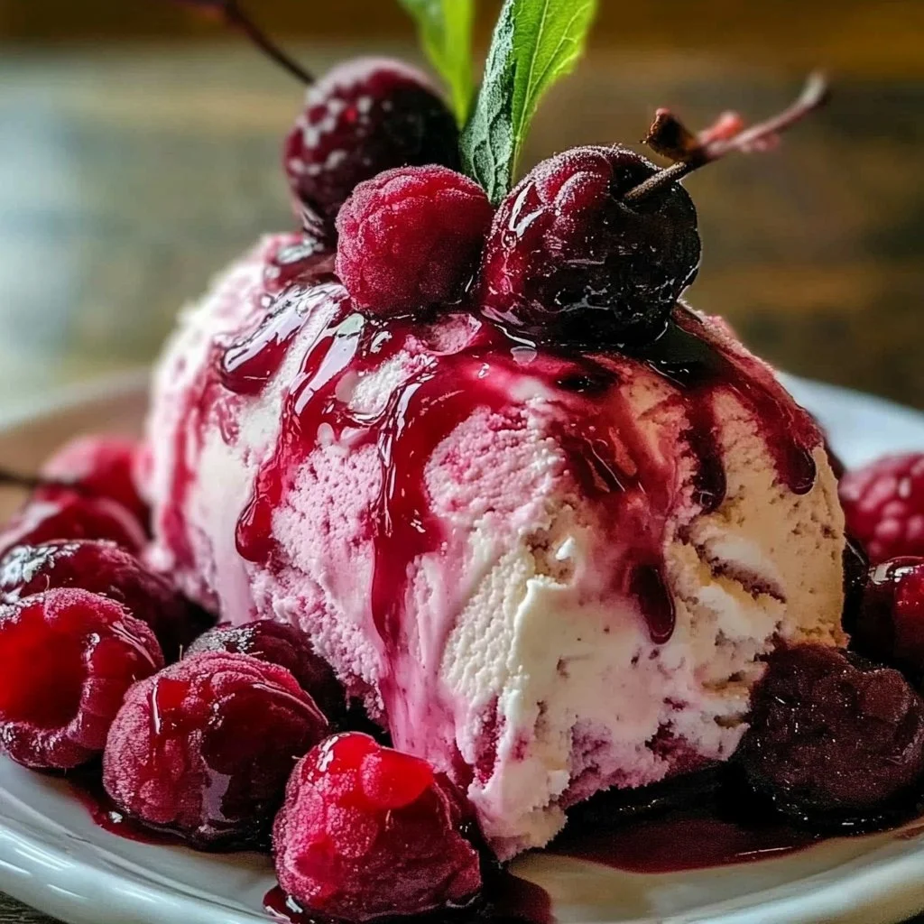Cherry Raspberry Semifreddo dessert topped with fresh cherries and raspberries