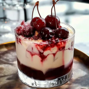 A Cherry White Russian cocktail garnished with cherries and cream
