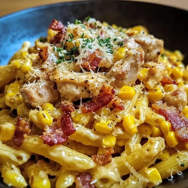 Delicious Chicken Corn Pasta with Bacon served in a bowl