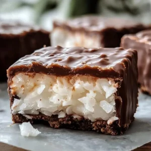 Delicious Chocolate Coconut Bars garnished with coconut flakes on a white plate