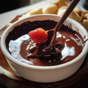 Delicious chocolate fondue with fresh fruits and marshmallows for dipping